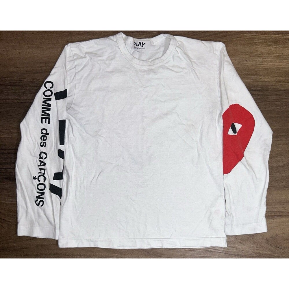 Comme Des Garcons Play Shirt Mens White Long Sleeve Heart Graphic Tee Sz M